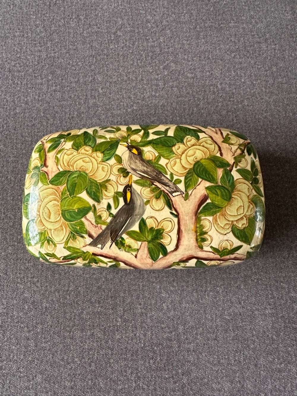 Hand-Painted Beautiful Wood Box w/ 2 Birds & Magnolia Tree (Black inside)